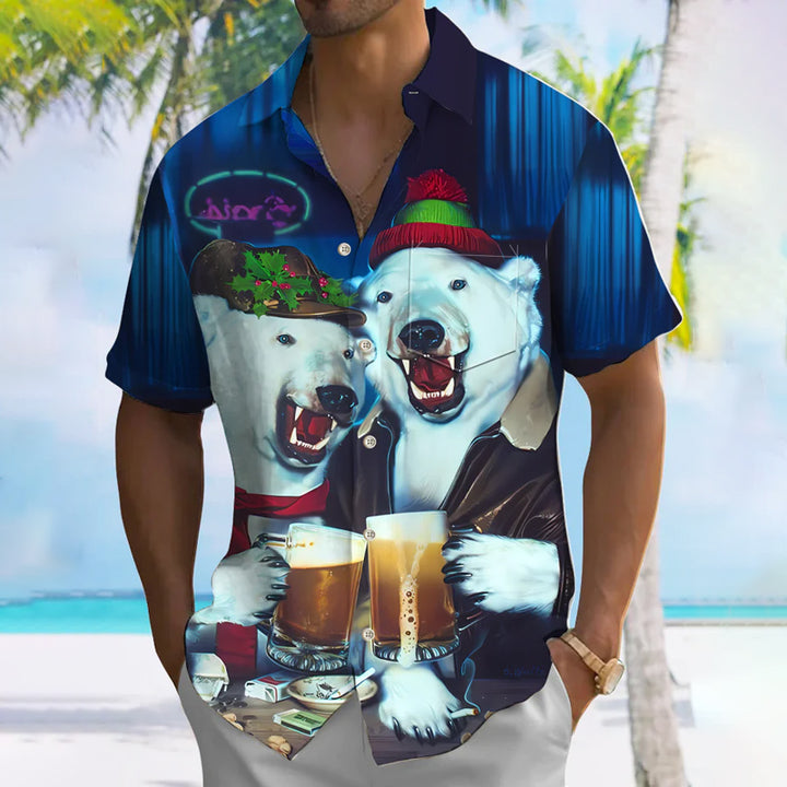 Animal Beer Button Casual Short Sleeve Shirt