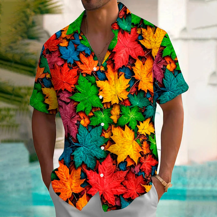 Men's Thanksgiving Maple Leaf 3D Digital Print Short Sleeve Shirt