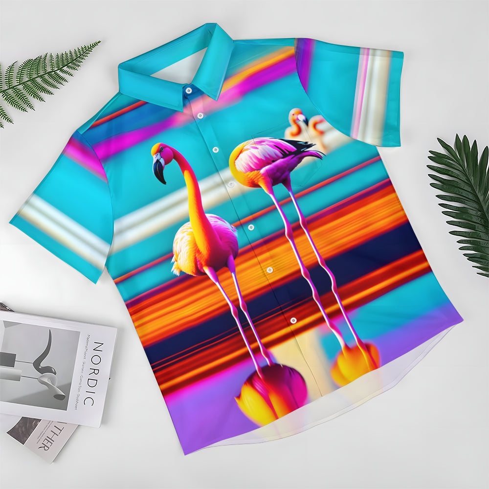 Flamingo Art Print Casual Short Sleeve Shirt 2411008046