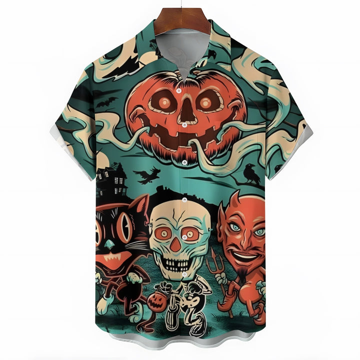 Ghost Devil and Black Cat Halloween Large Size Short Sleeve Shirt 2407004243