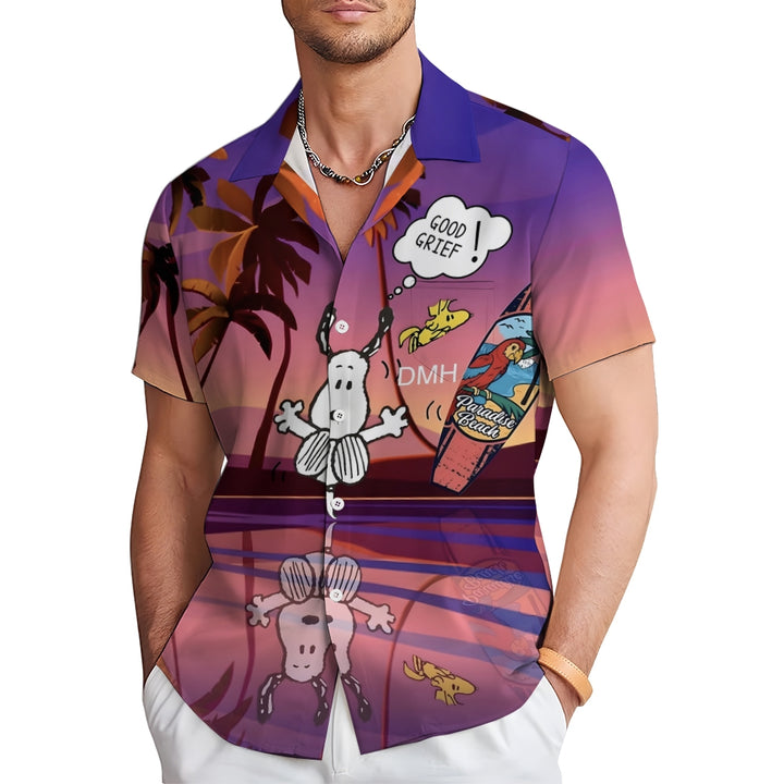 Men's Hawaiian Cartoon Puppy Diving Casual Short Sleeve Shirt 2408007561