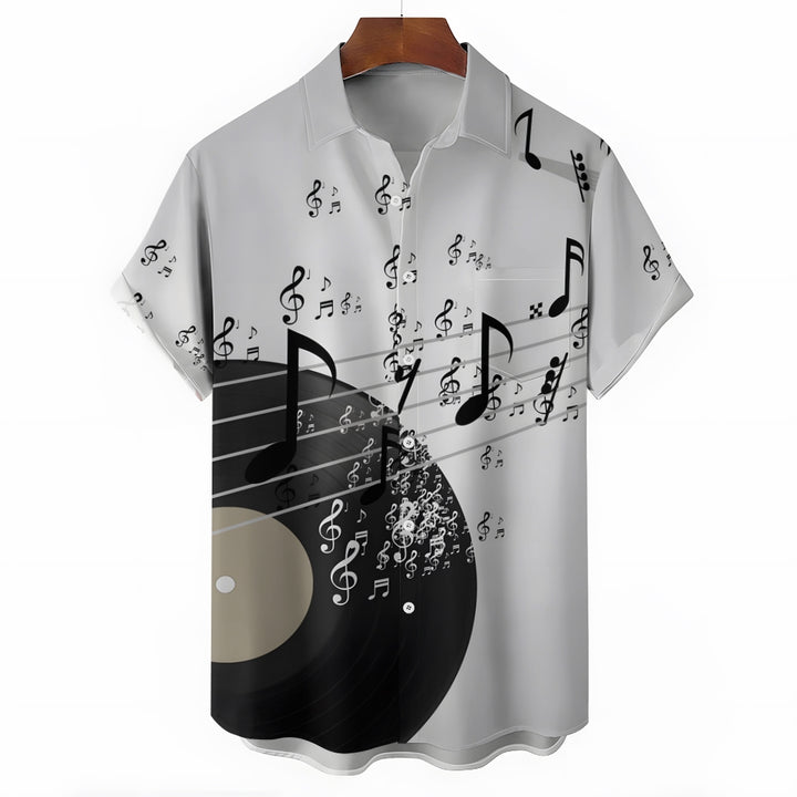 Musical Notes Vinyl Record Print Casual Short Sleeve Shirt 2404000648