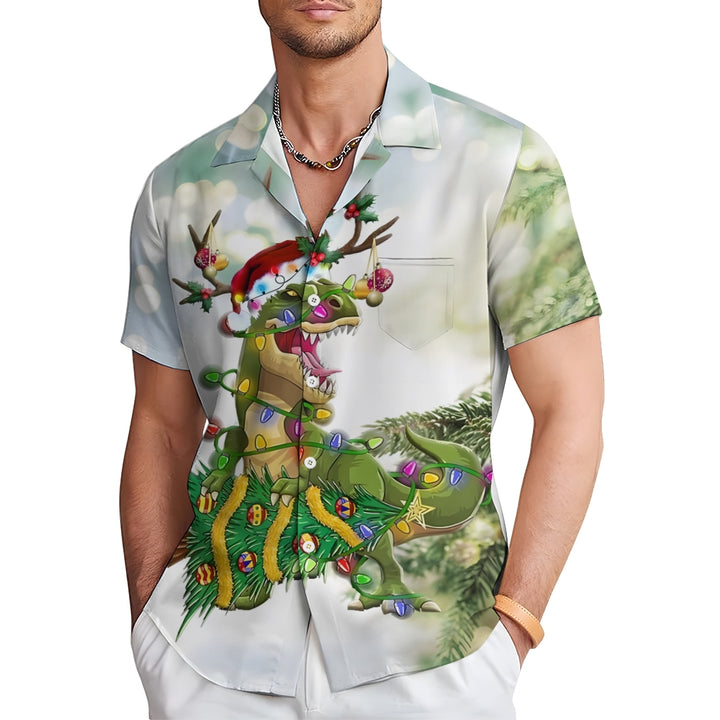 Christmas Tyrannosaurus Rex Print Casual Short Sleeve Shirt 2408009544