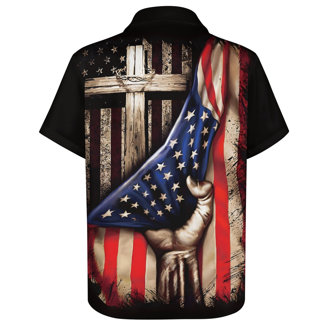 Men's Flag Patriotism Cross Casual Short Sleeve Shirt 2404001063