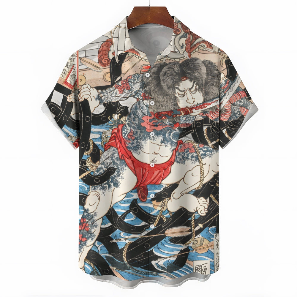Ukiyoe Japanese Samurai Casual Large Size Short Sleeve Shirt 2406003329