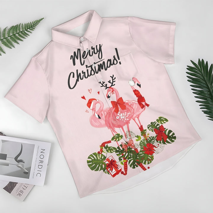 Merry Christmas Flamingo Casual Short Sleeve Shirt 2411008104