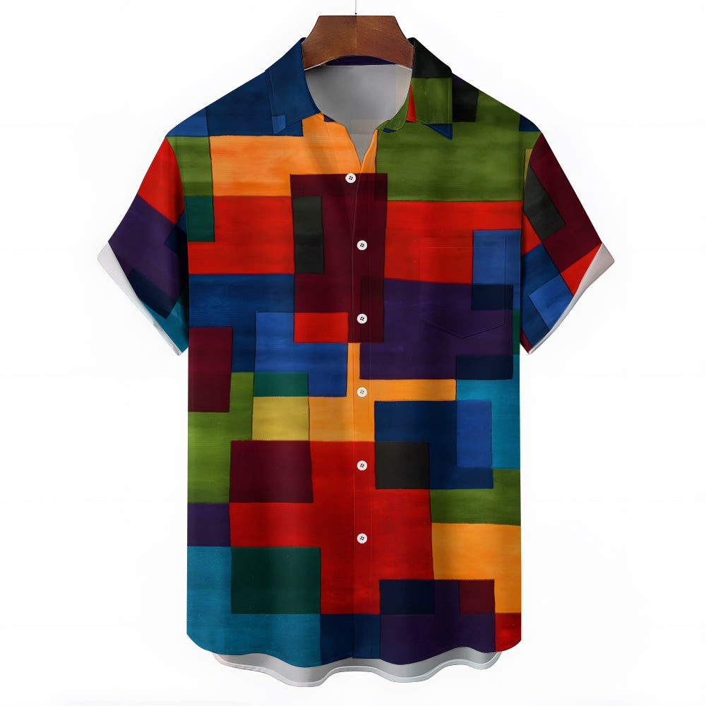 Men's Retro Geometric Print Button Pocket Short Sleeve Shirt 2403000741