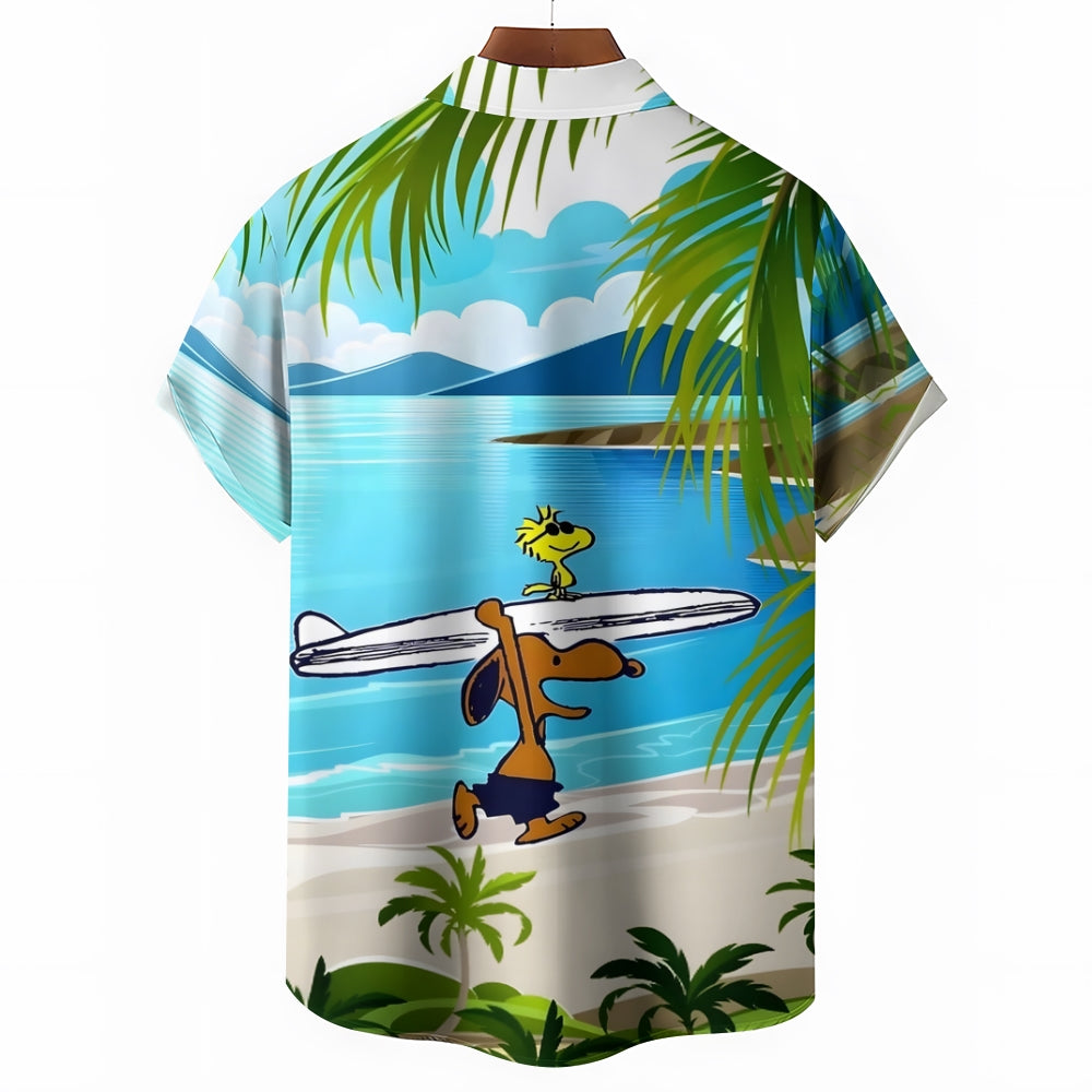 Cartoon Dog Surfing Hawaiian Casual Short Sleeve Shirt 2408007620