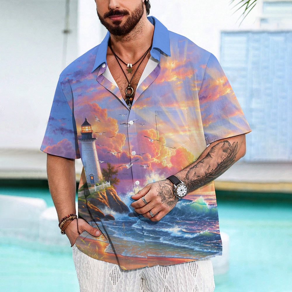 Seaside Landscape Print Casual Short Sleeve Shirt 2408002157