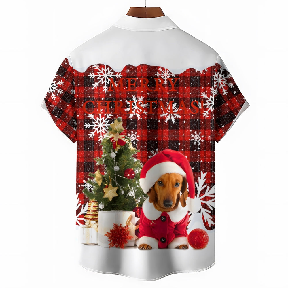 Dachshund Christmas Plaid Print Short Sleeve Shirt 2410003794