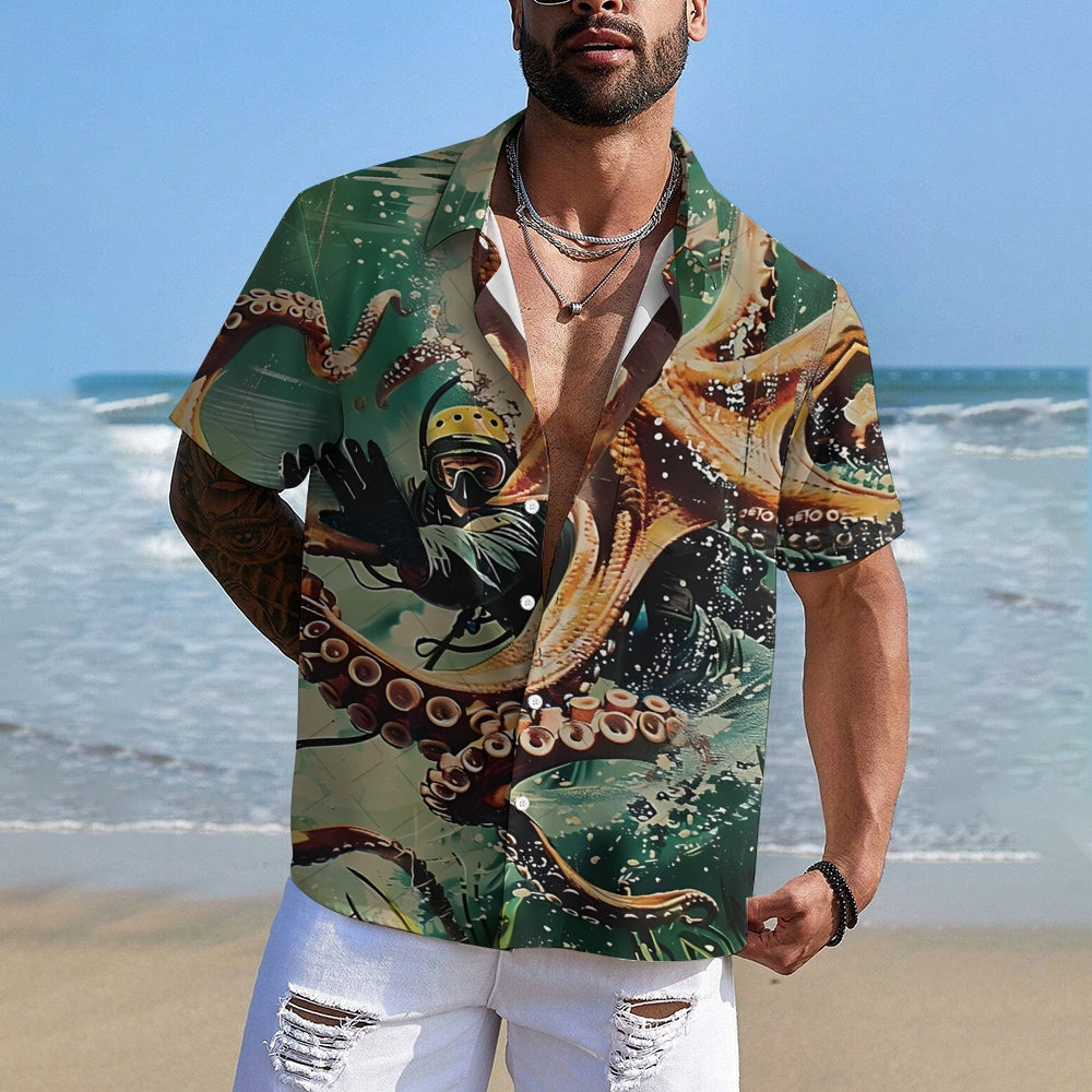 Octopus Diver Printed Casual Oversized Short Sleeve Shirt 2407000599