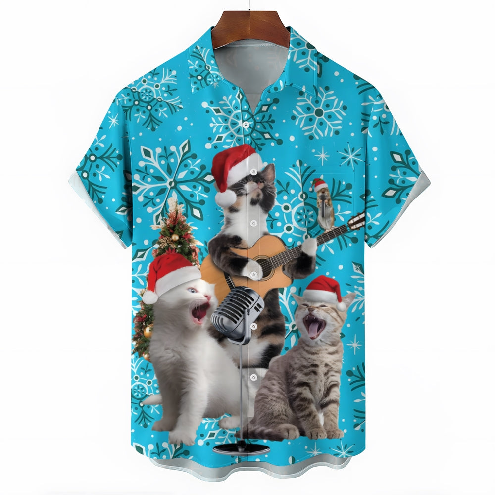 Cats Wearing Santa Hats And Singing Print Short Sleeve Shirt 2410003859