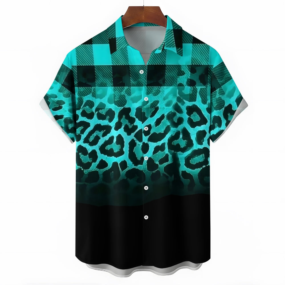 Checked Leopard Gradient Print Short Sleeve Shirt 2404001709