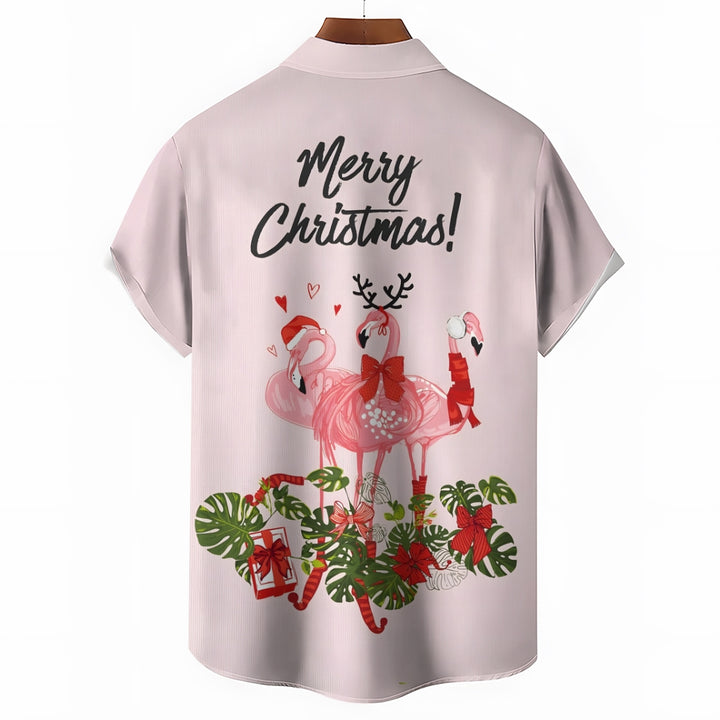 Merry Christmas Flamingo Casual Short Sleeve Shirt 2411008104