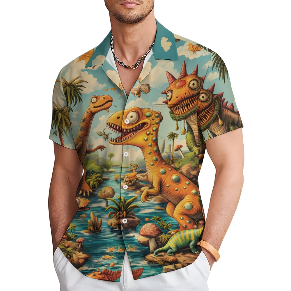 Funny Dinosaur Print Casual Short Sleeve Shirt 2408004532