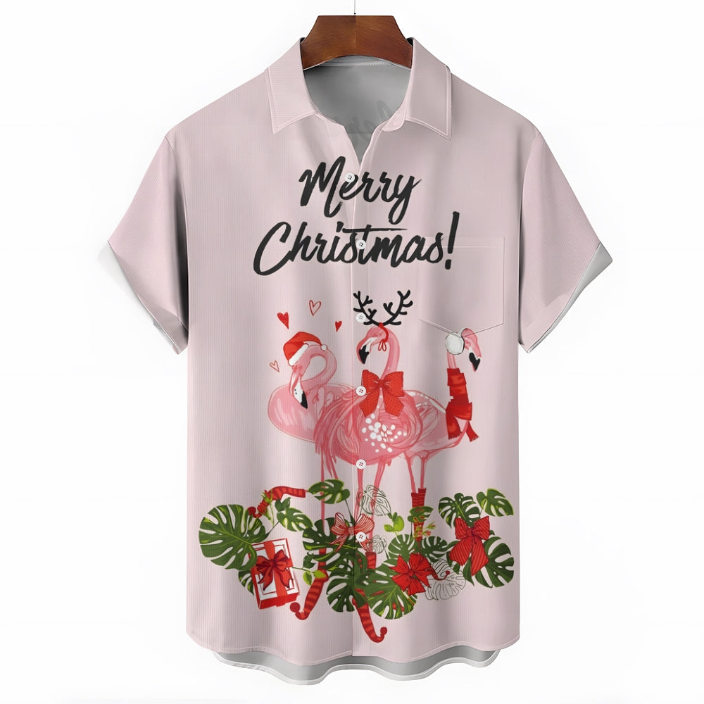 Merry Christmas Flamingo Casual Short Sleeve Shirt 2411008104