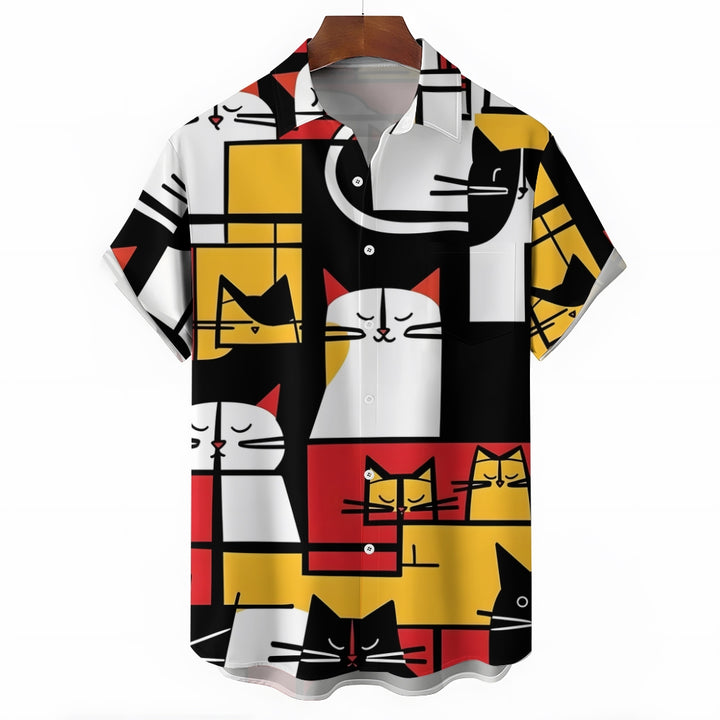 Geometric Cat Casual Short Sleeve Shirt 2409002775