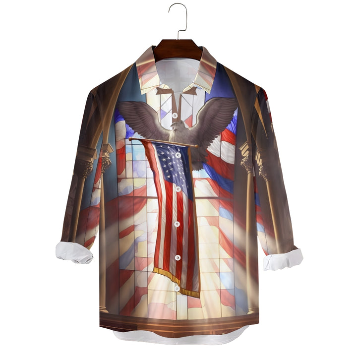 Men's Casual Peace Dove American FlagPrinted Long Sleeve Shirt 2411003433