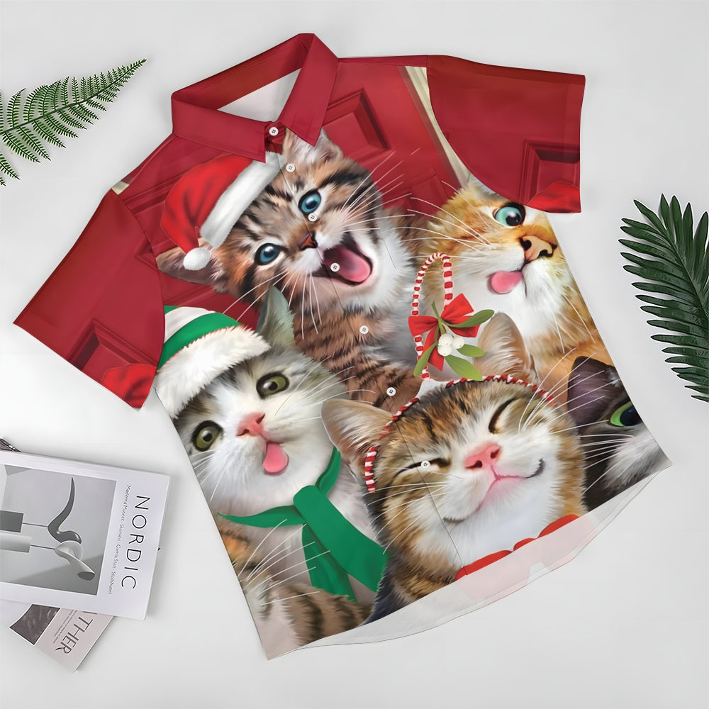 Christmas Cats Casual Short Sleeve Shirt 2410003815