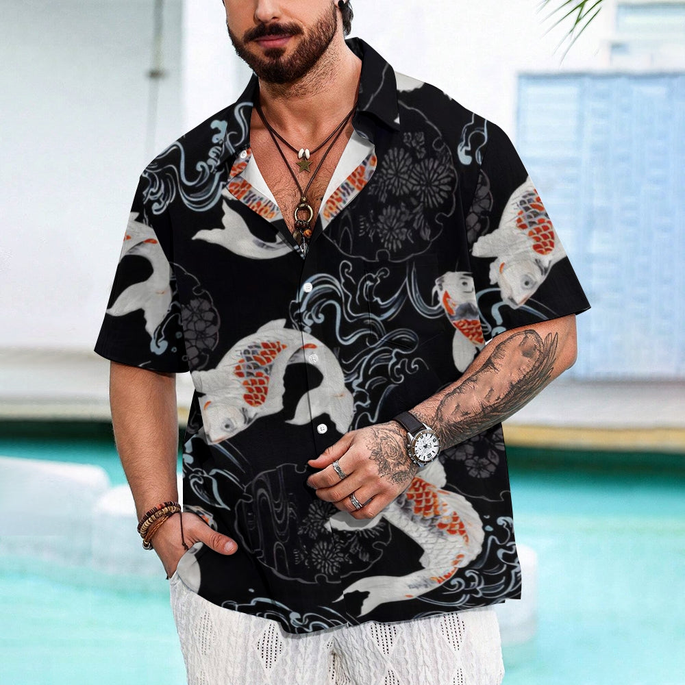 Koi Art Lucky Print Casual Short Sleeve Shirt 2412009968