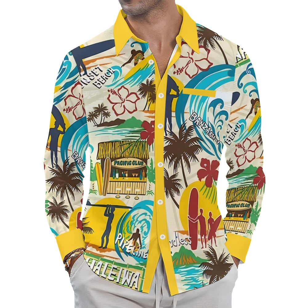 Men's Casual Hawaiian Surf Printed Long Sleeve Shirt 2403000596