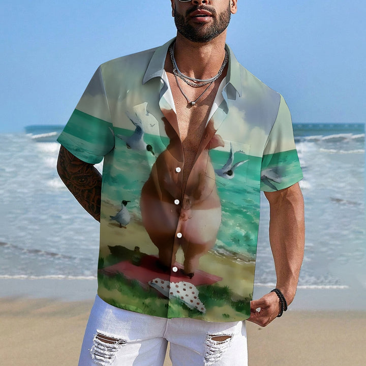 Funny Pig on the Beach Print Short Sleeve Shirt 2410003818