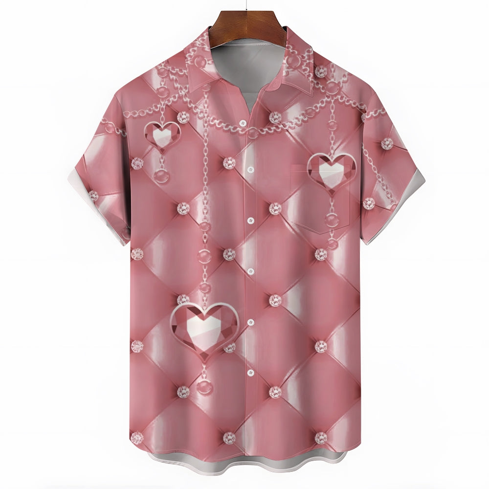 Men's Pink 3d Heart Decorative Print Short Sleeve Shirt 2412008507