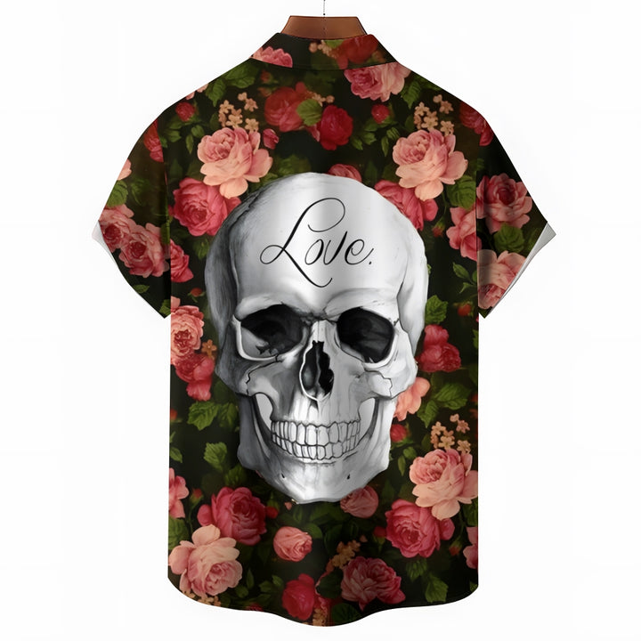 Valentine's Day "Love and Death" Skull Rose Print Casual Short Sleeve Shirt 2412002789