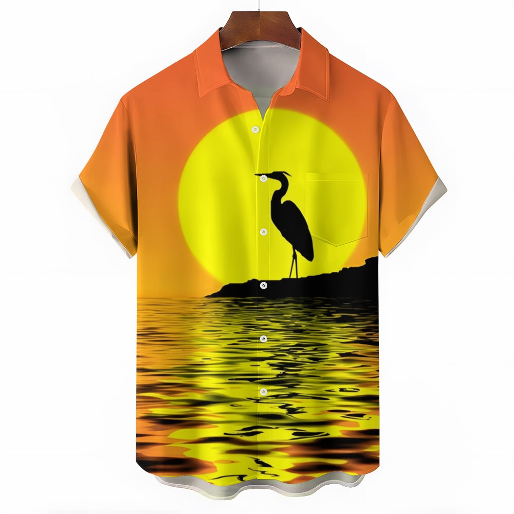 Landscape Egret Print Linen Short Sleeve Shirt 2409010677