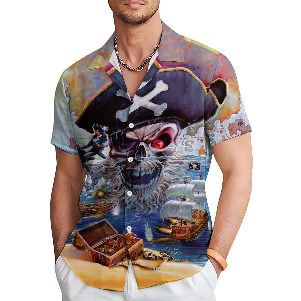 Vintage Nautical Pirate Print Chest Pocket Short Sleeve Shirt 2411002012