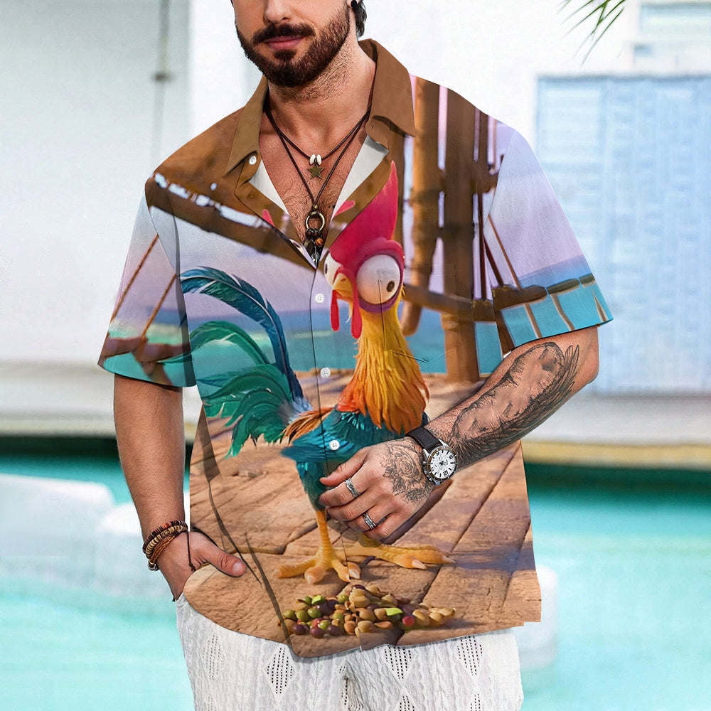 Funny Rooster Eating Print Casual Short Sleeve Shirt 2410001921