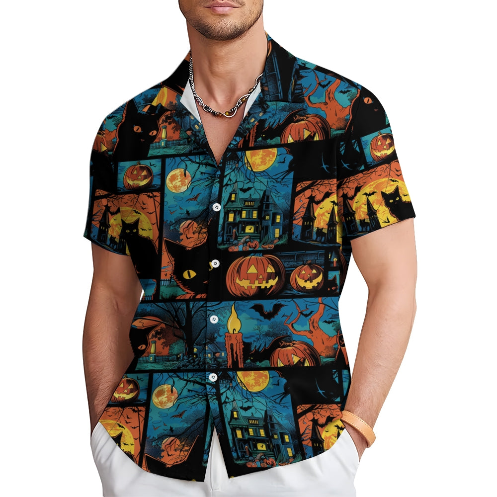 Black Cat Pumpkin Halloween Casual Large Size Short Sleeve Shirt 2407003695