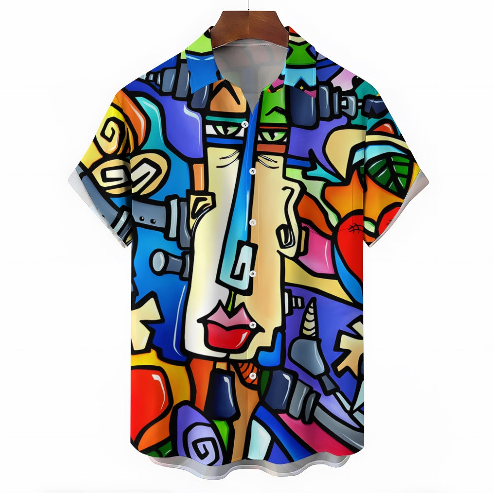 Geometric Art Face Print Casual Short Sleeve Shirt 2412006995