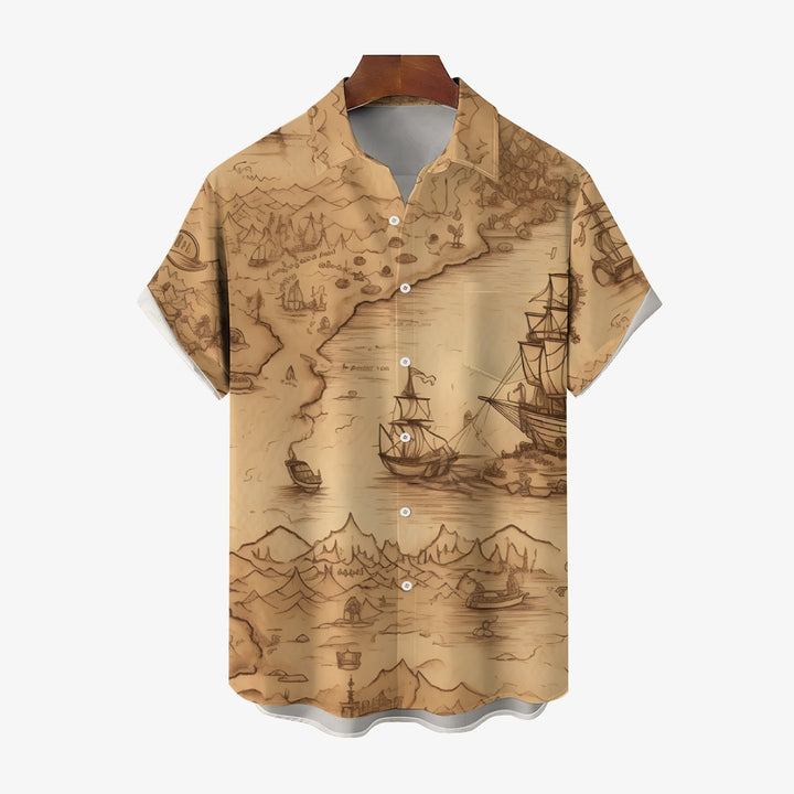 Vintage Sailing Sailboat Print Chest Pocket Short Sleeve Shirt 2411005966