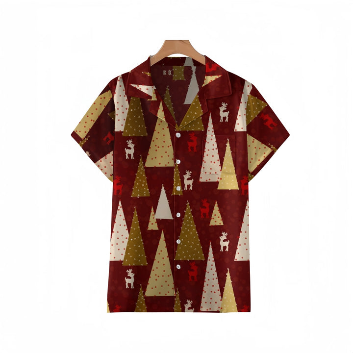 Christmas Tree And Elk Geometric Print Cuban Collar Short Sleeve Shirt 2410006030