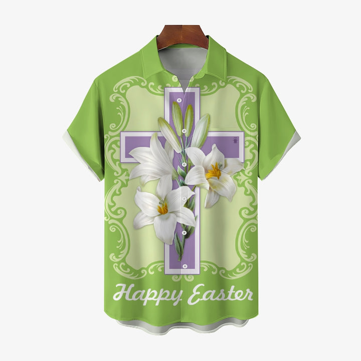 Happy Easter Cross Print Casual Short Sleeve Shirt 2412010174