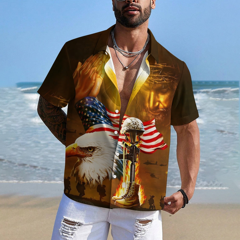 Christian Patriotic Military Print Short Sleeve Shirt 2411004029