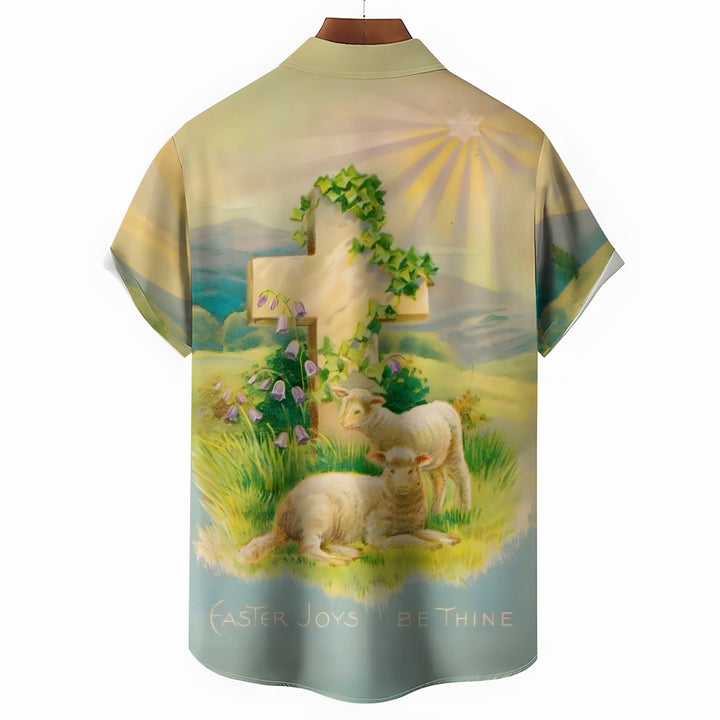 Easter Sheep Cross Print Casual Short Sleeve Shirt 2412010139