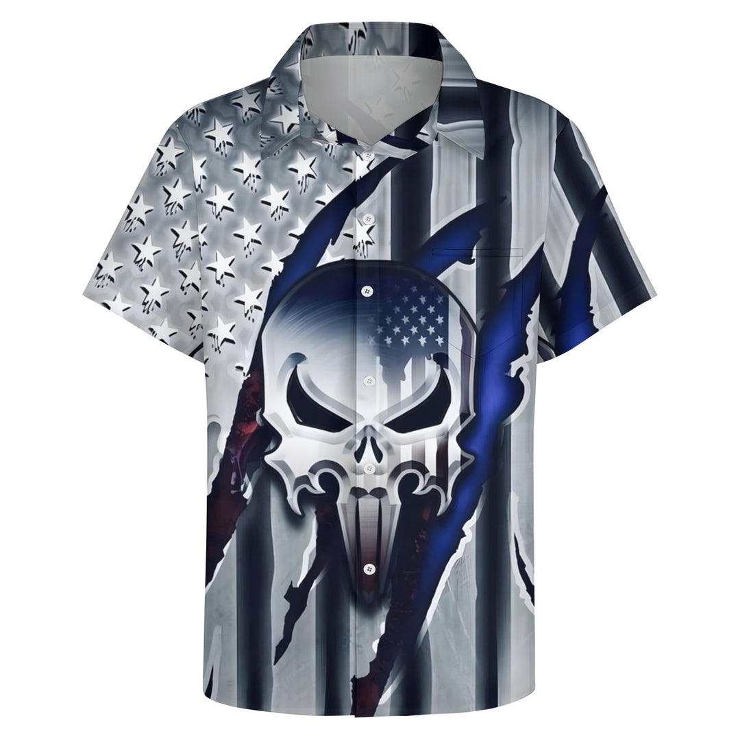 Men's Flag Skull Print Short Sleeve Shirt 2404001799