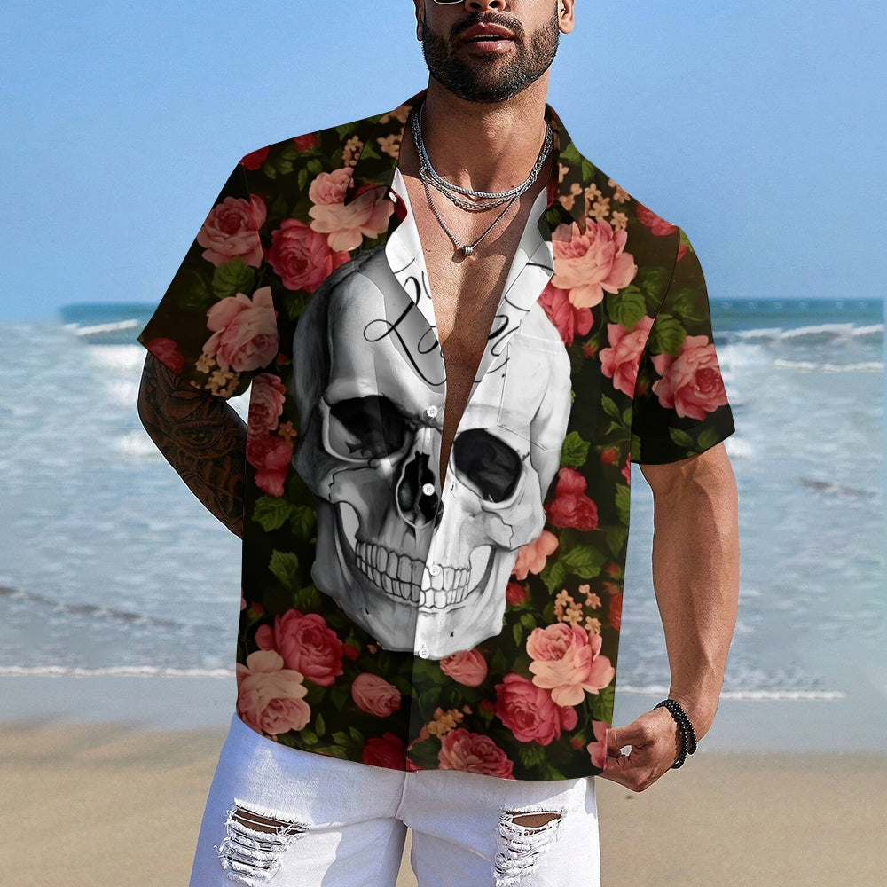 Valentine's Day "Love and Death" Skull Rose Print Casual Short Sleeve Shirt 2412002789