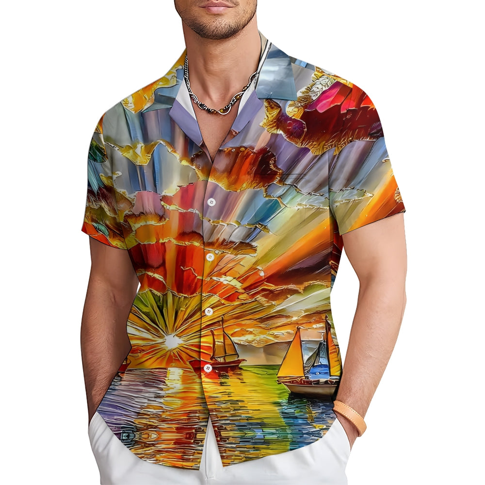 Sailboat Oil Painting Art Light Print Short Sleeve Shirt 2408007010