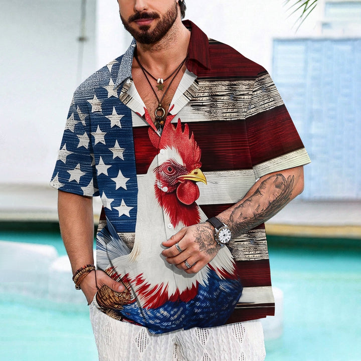 Rooster Flag Print Patriotic Casual Short Sleeve Shirt 2405002093