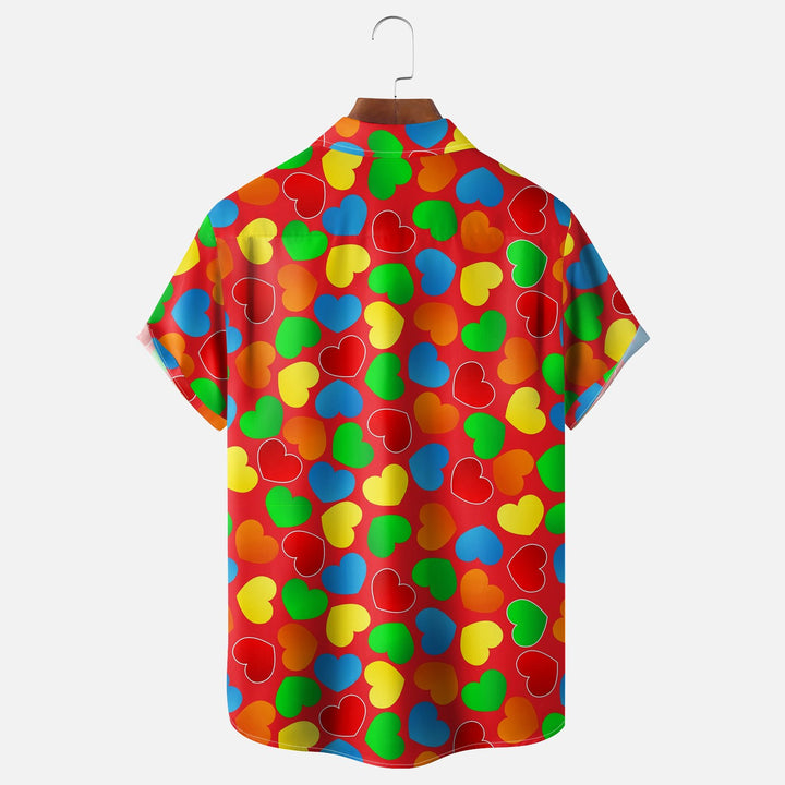 Valentine's Day Colorful Heart Chest Pocket Casual Shirt