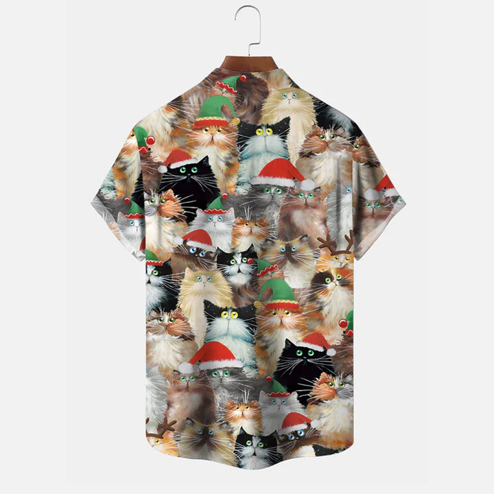 Christmas Cats Button Pocket Casual Short Sleeve Shirt