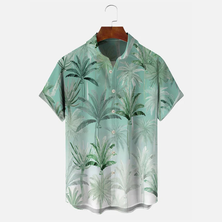 Gradient Coconut Tree Button Pocket Casual Short Sleeve Shirt