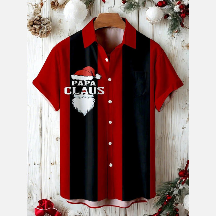 Men's Red and Black Striped Christmas Father Cartoon Short Sleeve Shirt