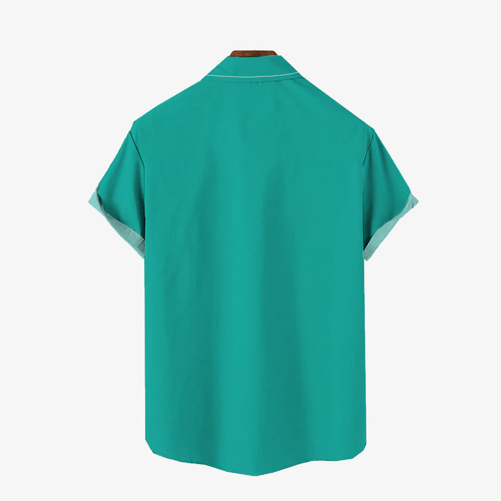 Geometric Cat Print Chest Pocket Short Sleeve Shirt