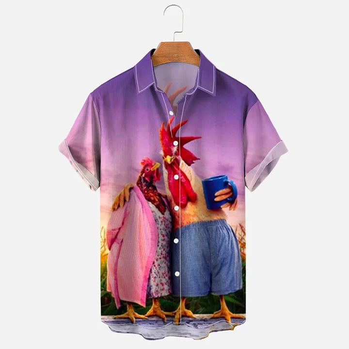 Cartoon Rooster Printed Casual Oversized Short Sleeve Shirt