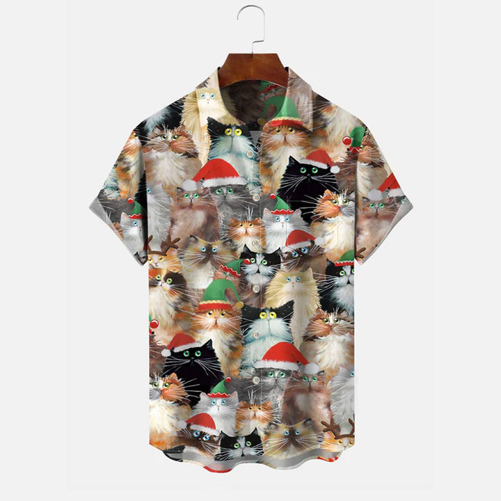 Christmas Cats Button Pocket Casual Short Sleeve Shirt