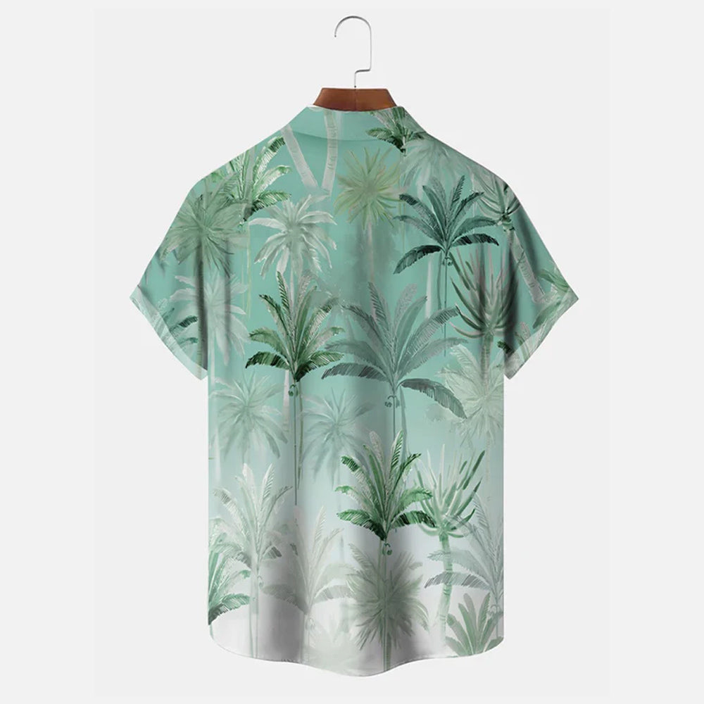 Gradient Coconut Tree Button Pocket Casual Short Sleeve Shirt